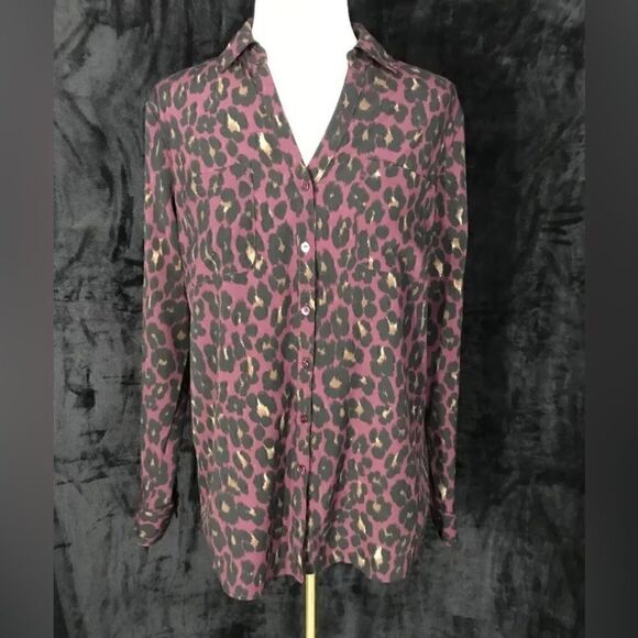 Talbots Womens Purple Cheetah Print Long Slv Rolltab Button Down Top - Petite L - Picture 1 of 6